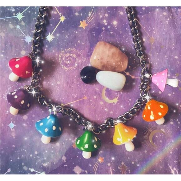 🍄 Colorful Mushroom Pendant Necklace | Punk-Inspired Alloy Chain - Picture 6 of 6